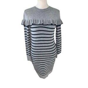 Vince Camuto Striped Ruffle Sweater Dress Gray Black Size XS Preppy Classic